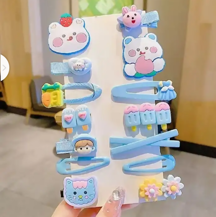 Set of colorful hair clips with cartoon designs