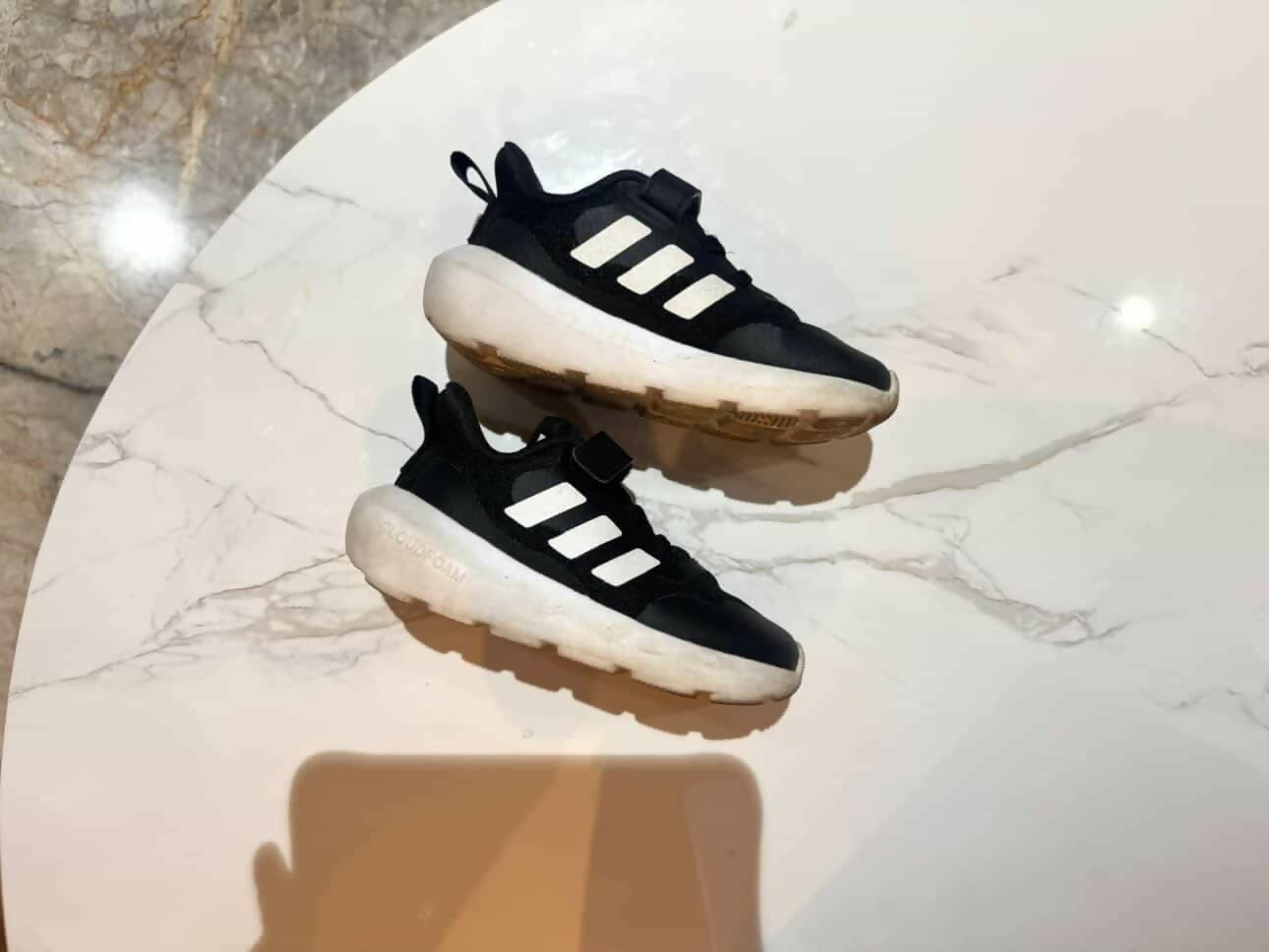 Adidas kids running shoes black with white stripes, UK 8K size, gently used, cloudfoam sole