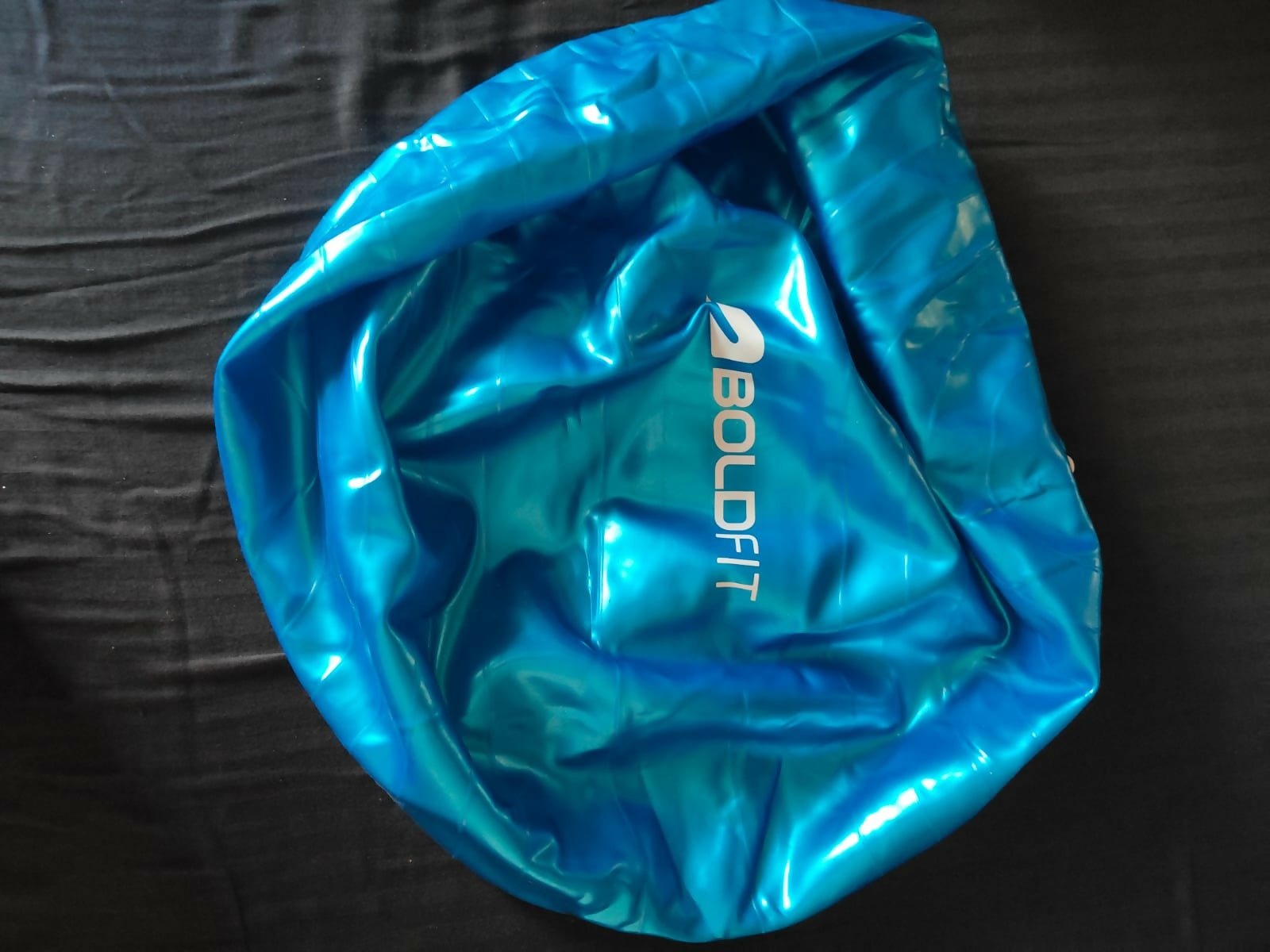 Blue inflatable pool float with 'Bold Fit'
