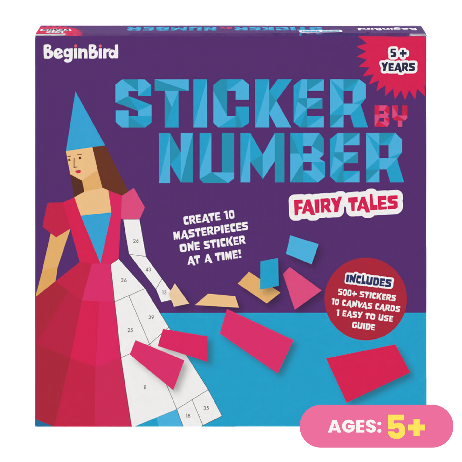 BeginBird Sticker by Number Fairy Tales kit packaging with a fairy design on a purple and blue background.