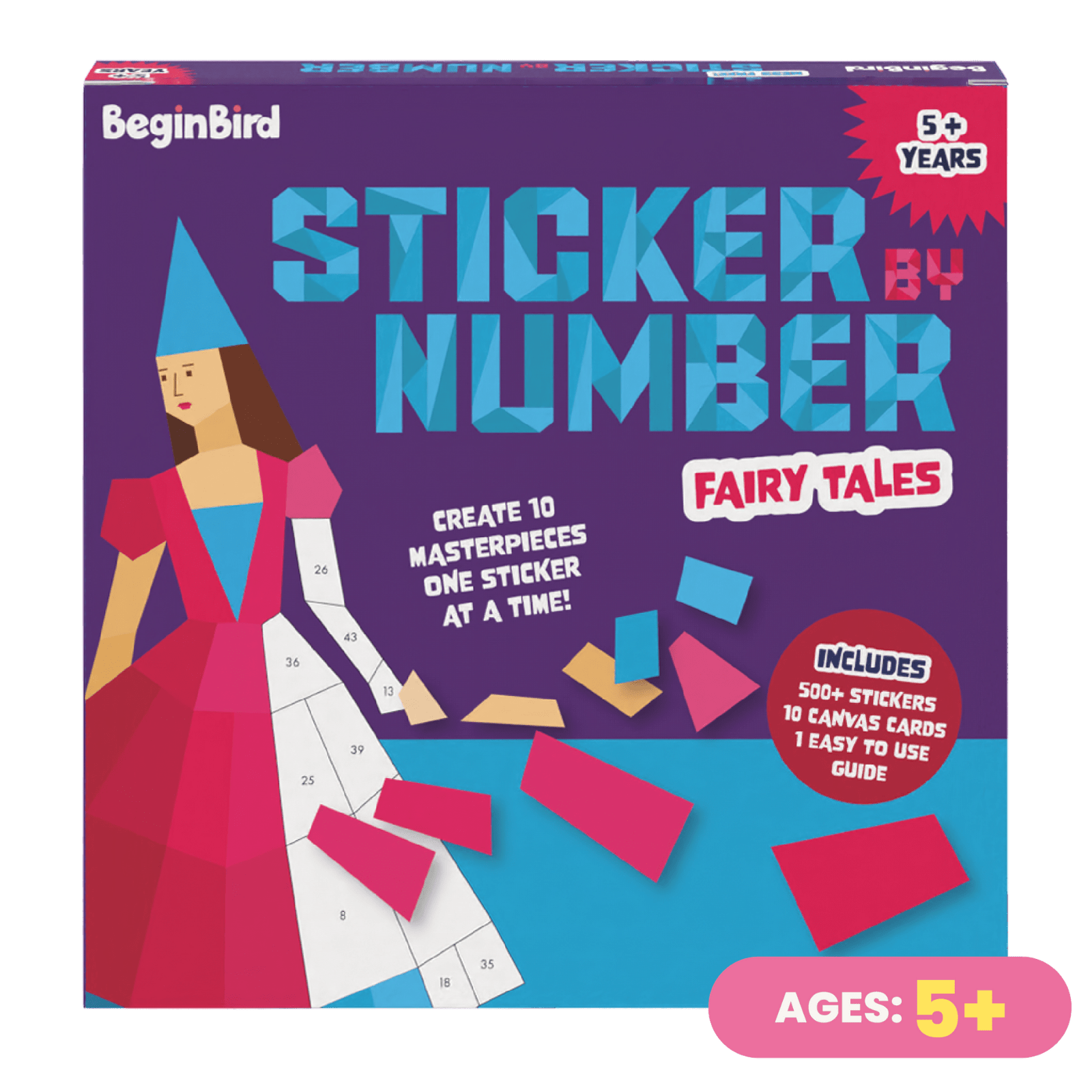 BeginBird Sticker by Number Fairy Tales kit packaging with a fairy design on a purple and blue background.