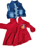 Red dress with a blue denim jacket on a white background