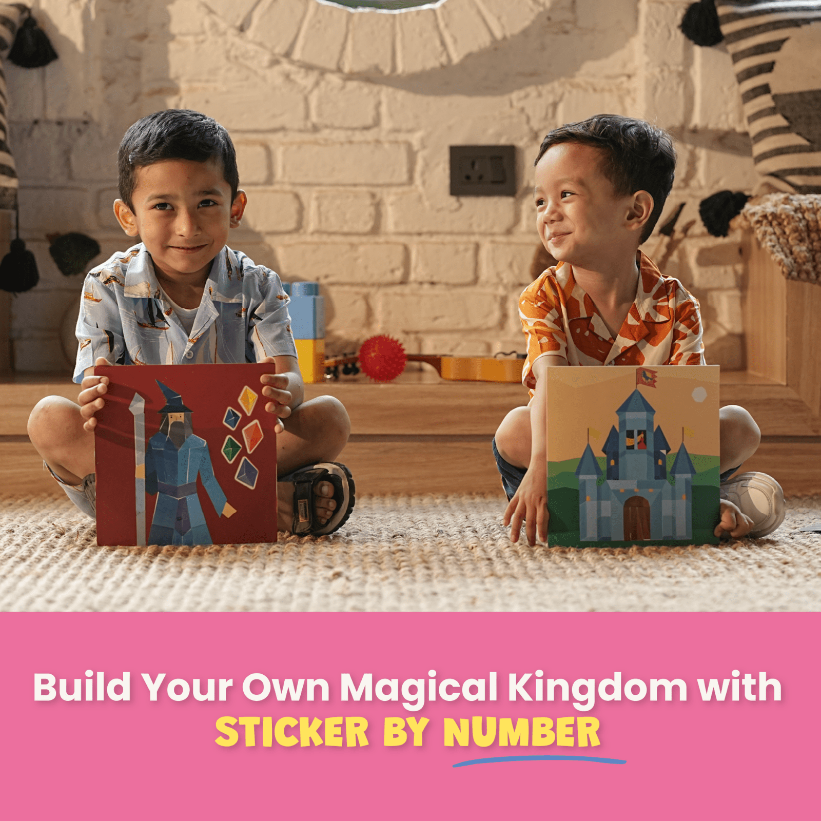 Two children holding up their artwork with a pink banner at the bottom.
