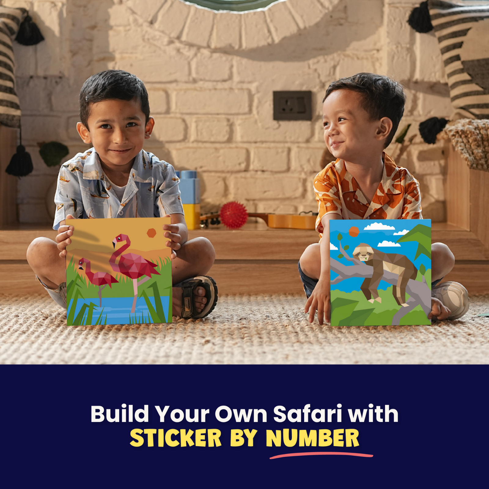 Two children holding colorful safari-themed sticker books in a room with toys and decorations.