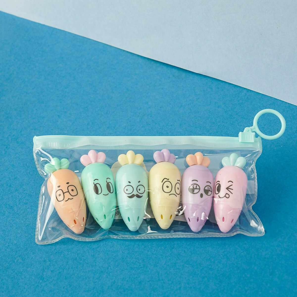 Carrot Shaped fancy highlighter pen set for kids girls, school and office uses. Perfect for school, office, family use. Great gift for your kids, friend or personal collection.