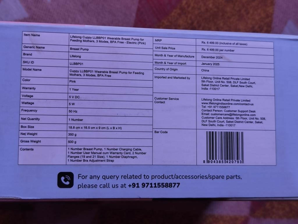 LIFELONG Cuppy LLBBP01 wearable breast pump – hands-free, BPA-free, and efficient with 3 pumping modes.