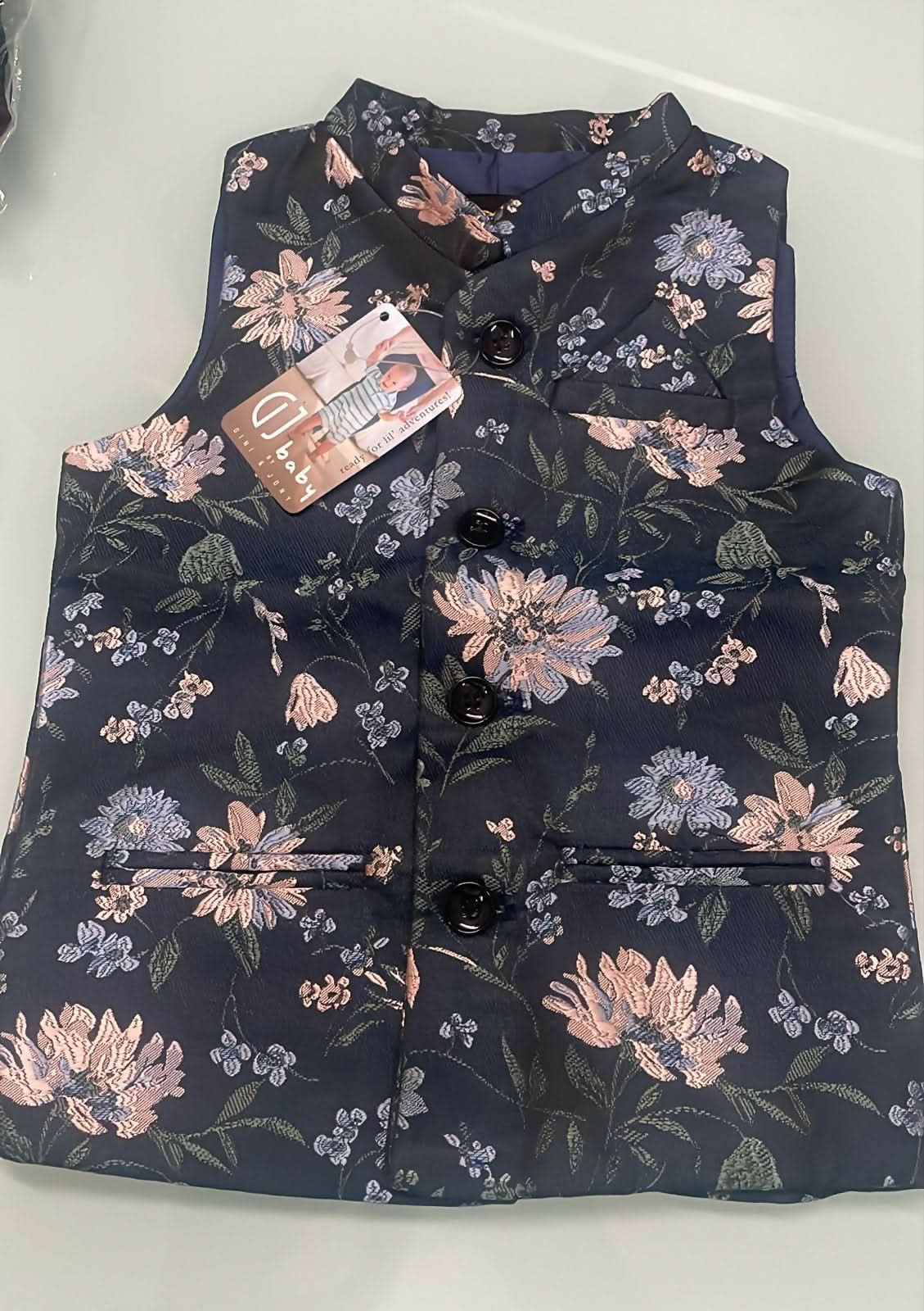 GINI & JONY Boys Black & Green Floral Woven Design Satin Weave Nehru Jacket (24 Months)