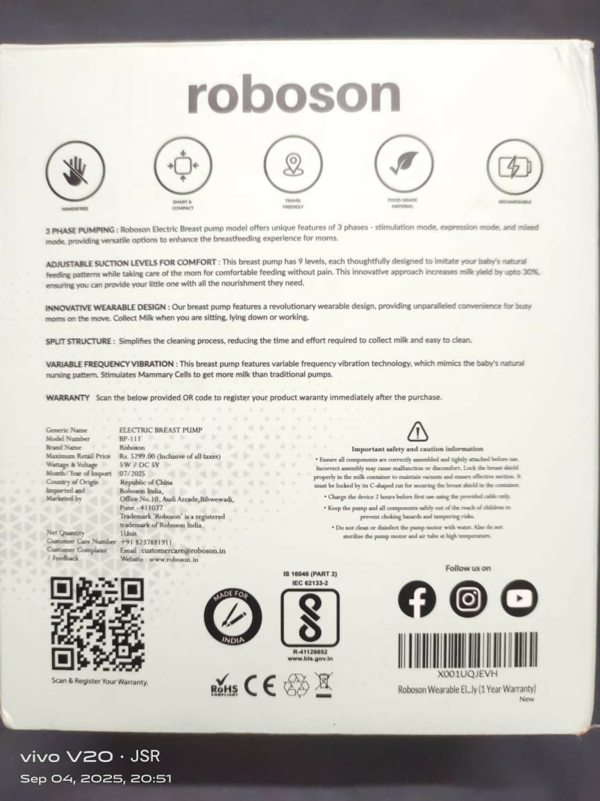 ROBOSON wearable breast pump for convenient, hands-free, and quiet milk expression anytime.