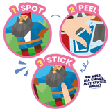 Three cartoon stickers showing a character, a peel action, and the completed sticker with text 'No mess. All smiles.
