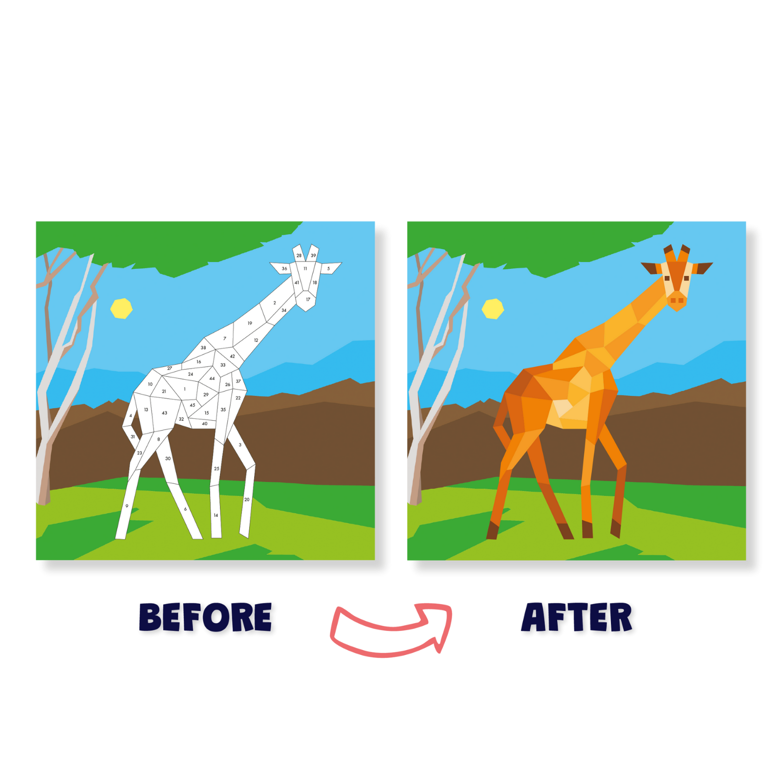 Before and after comparison of a giraffe illustration with geometric simplification.