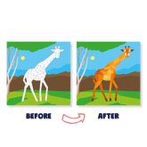 Before and after comparison of a giraffe illustration with geometric simplification.