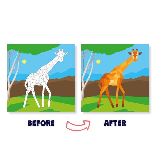 Before and after comparison of a giraffe illustration with geometric simplification.