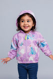 Child wearing a purple jacket with character prints