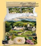 Bed sheets with a scenic design of a castle and garden