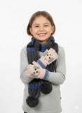 Child wearing a striped scarf and gloves with bear designs