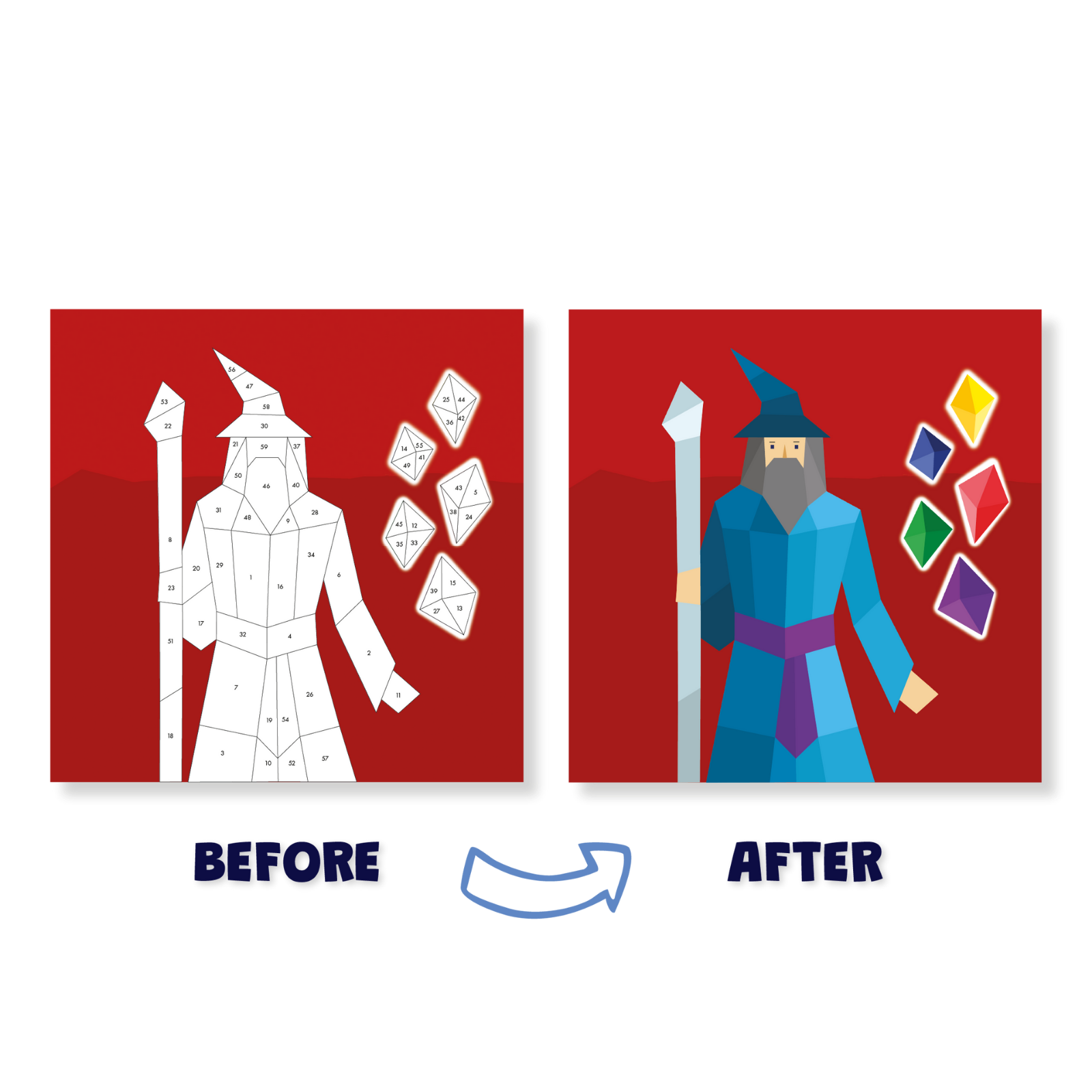 Before and after comparison of a wizard illustration on a red background with colorful shapes.
