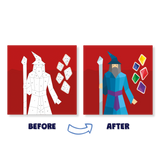 Before and after comparison of a wizard illustration on a red background with colorful shapes.