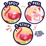 Instructions for applying a flamingo sticker with '1 Spot', '2 Peel', and '3 Stick' steps on a white background.