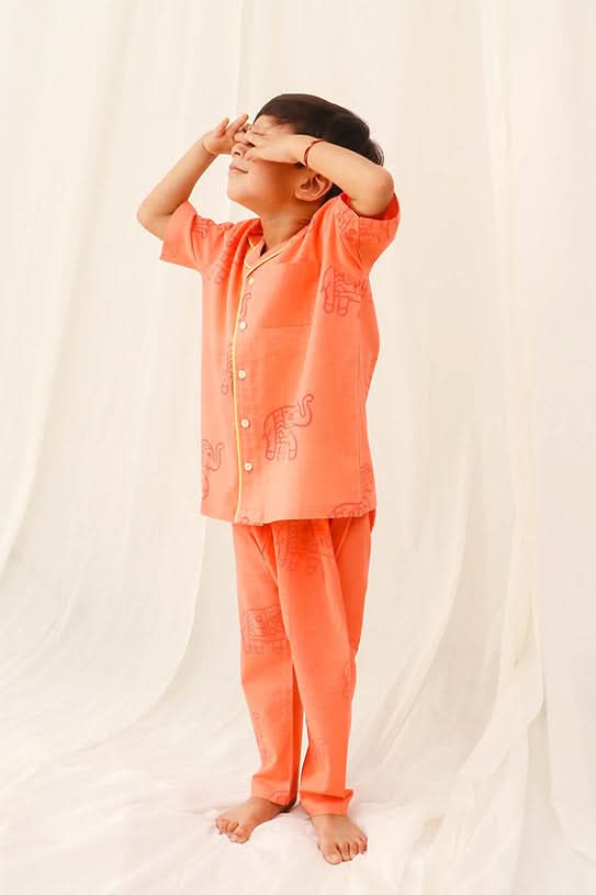 Discover our Salmon Full Night Suit for Boys, crafted from 100% cotton for ultimate comfort and breathability, featuring a charming design perfect for a restful night's sleep.