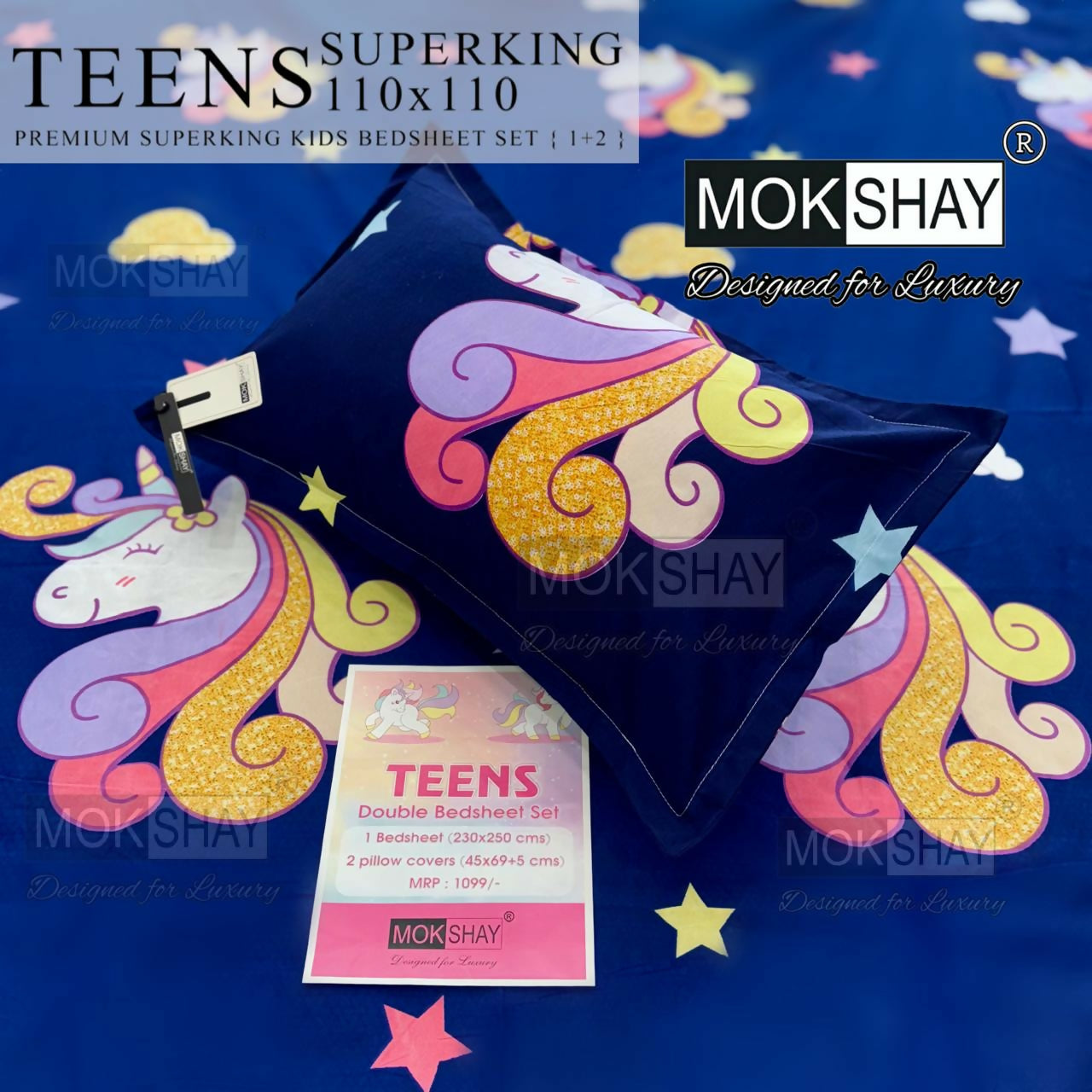 Unicorn-themed bedsheet set with packaging on a blue background