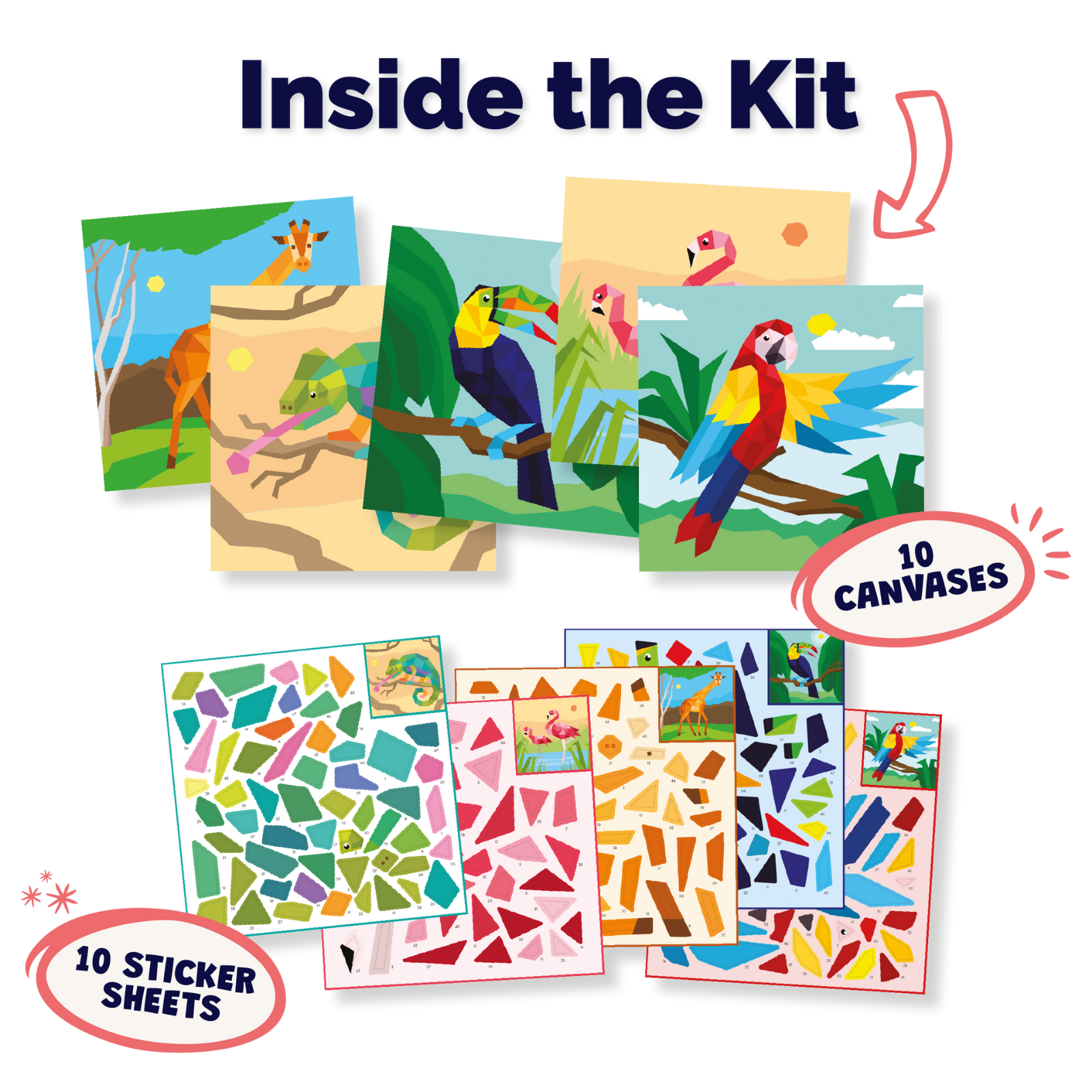 Artistic kit with canvases and sticker sheets featuring animals and geometric patterns.