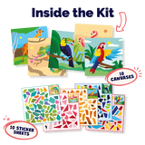 Artistic kit with canvases and sticker sheets featuring animals and geometric patterns.