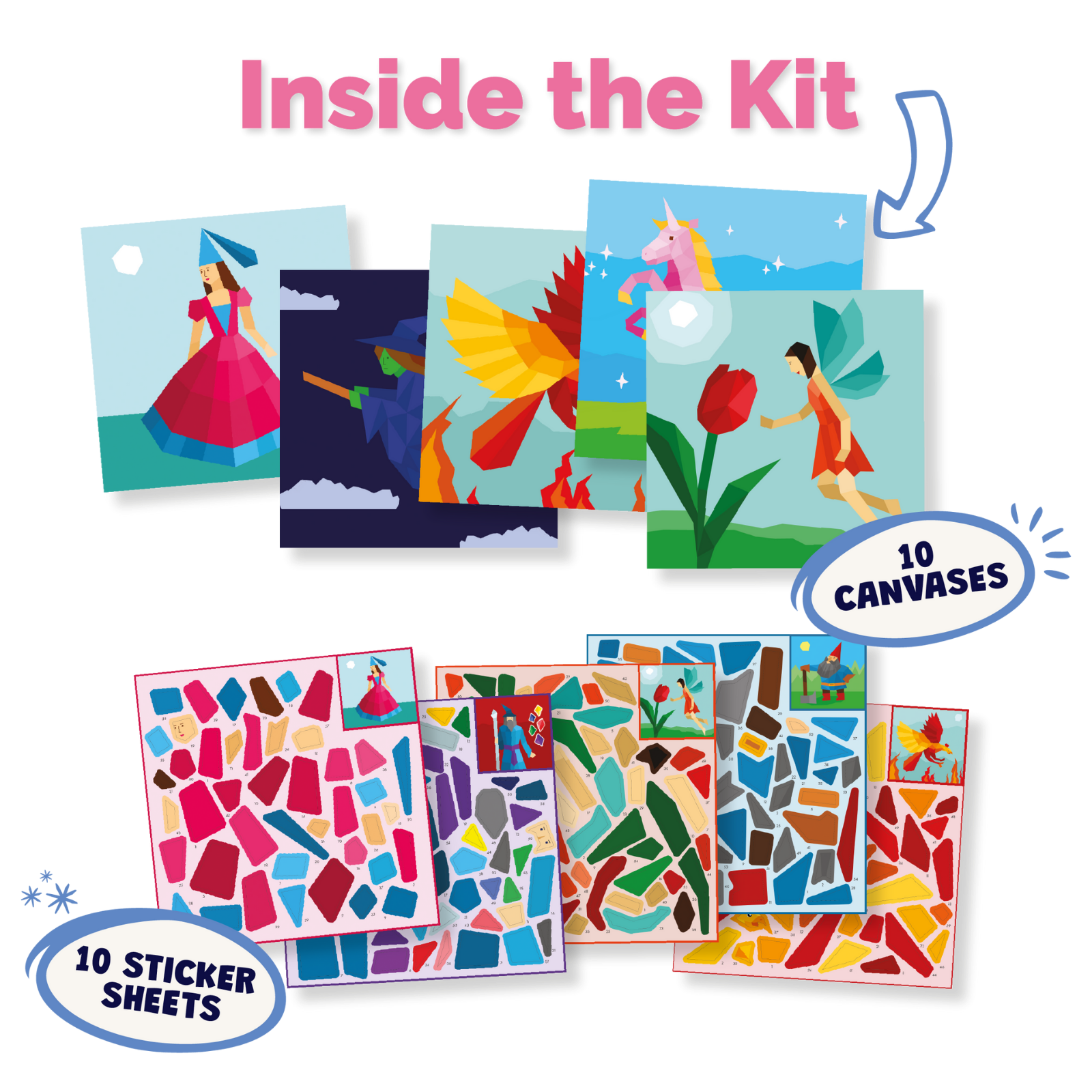 Artistic canvases and sticker sheets with colorful designs on a white background