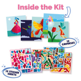Artistic canvases and sticker sheets with colorful designs on a white background
