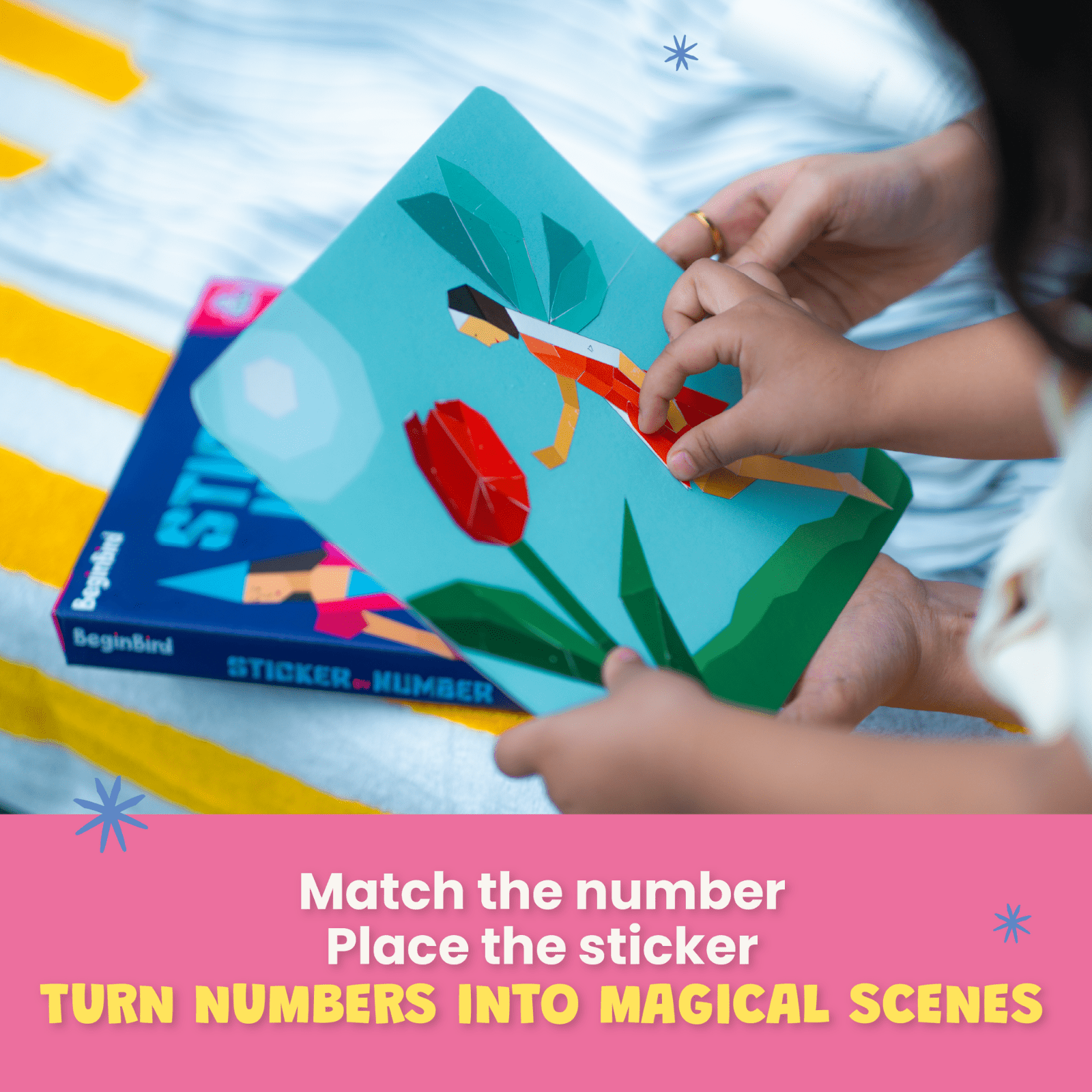 Children's book with stickers held by a child, on a colorful background.