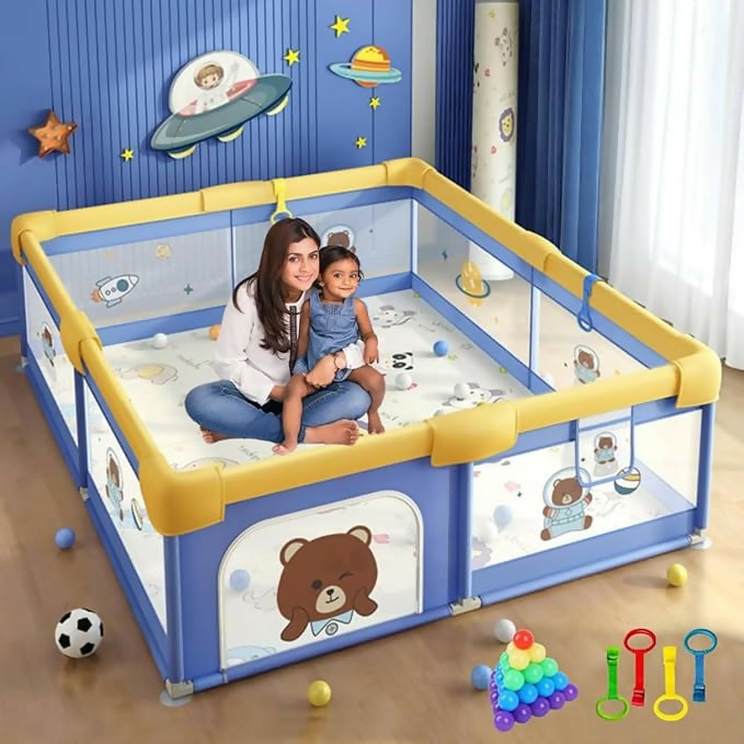 Mother and child in a colorful playpen with toys around