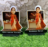 Personalized Teacher Caricature with Base Stand, crafted from 7-inch MDF with custom teacher name and photo-inspired design, perfect as a memorable Teacher’s Day, farewell, or appreciation gift.
