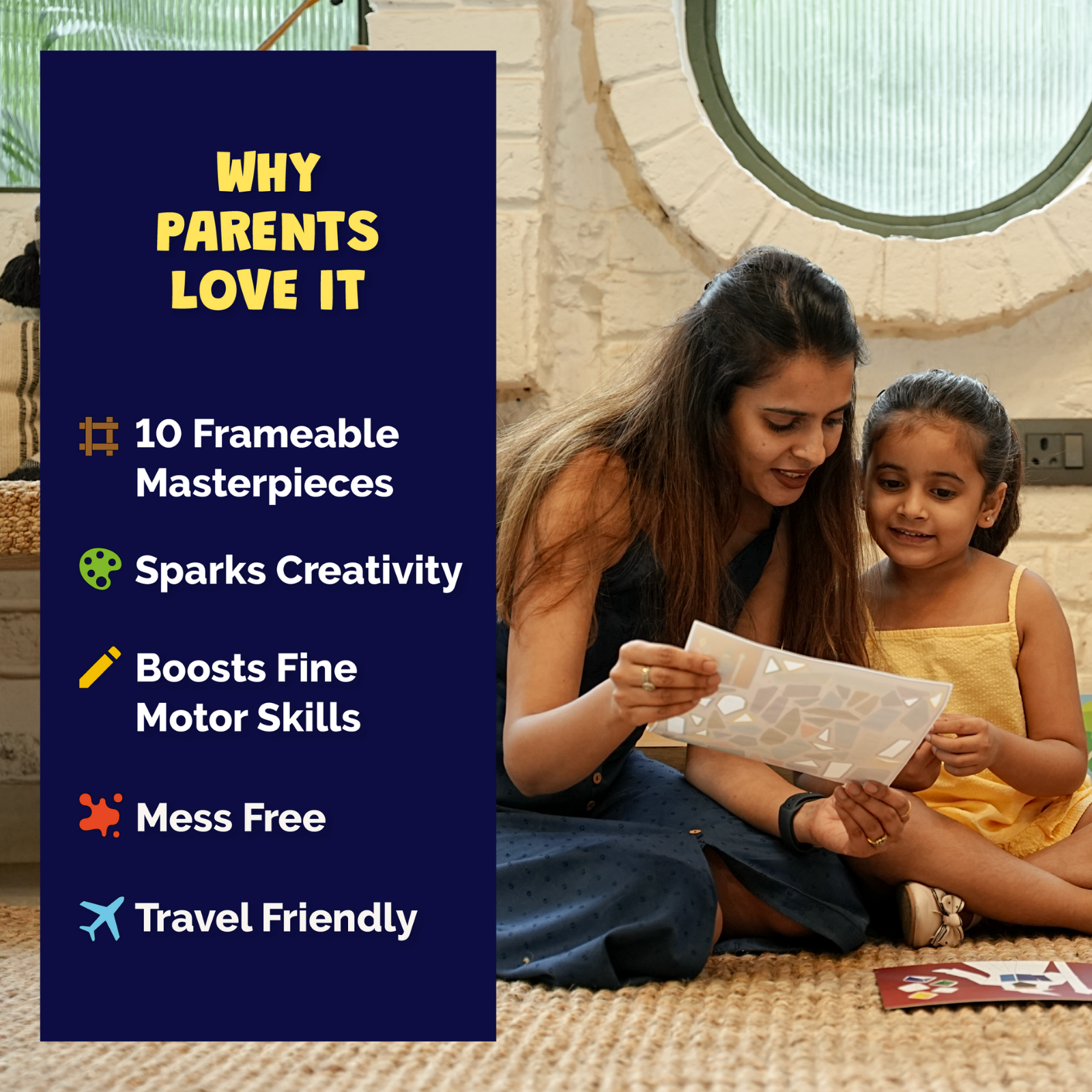 Woman and child looking at a book together with text on why parents love it.