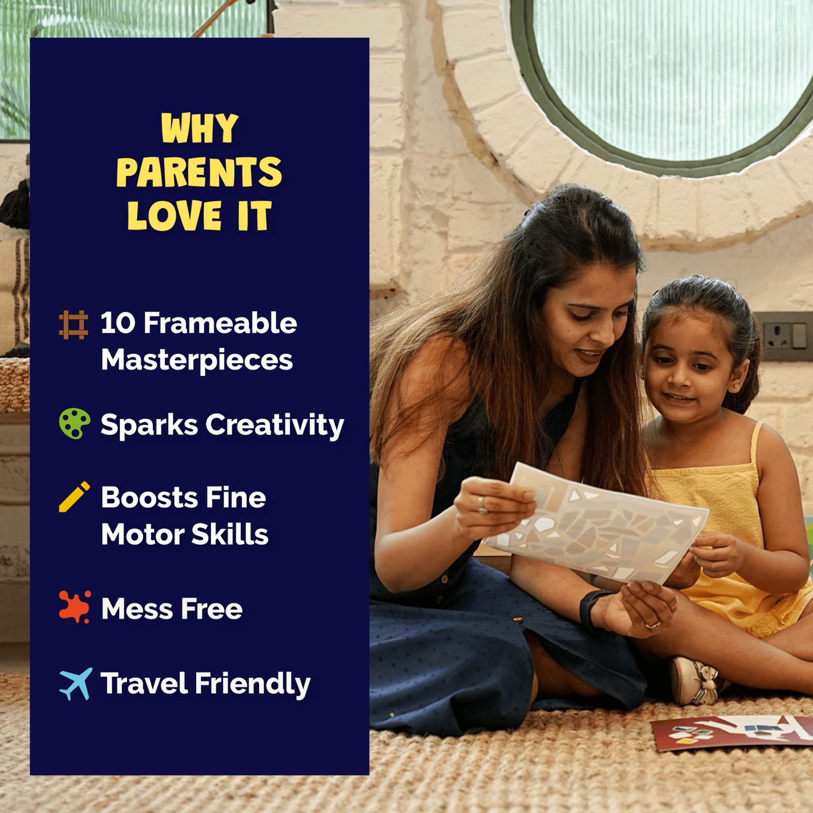 Woman and child looking at a book together with text on why parents love it.