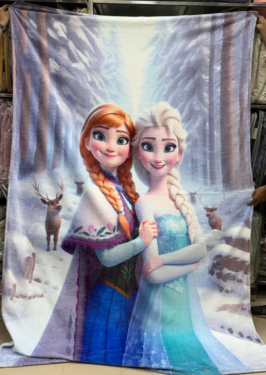 Fleece blanket with characters from 'Frozen' in a snowy forest setting