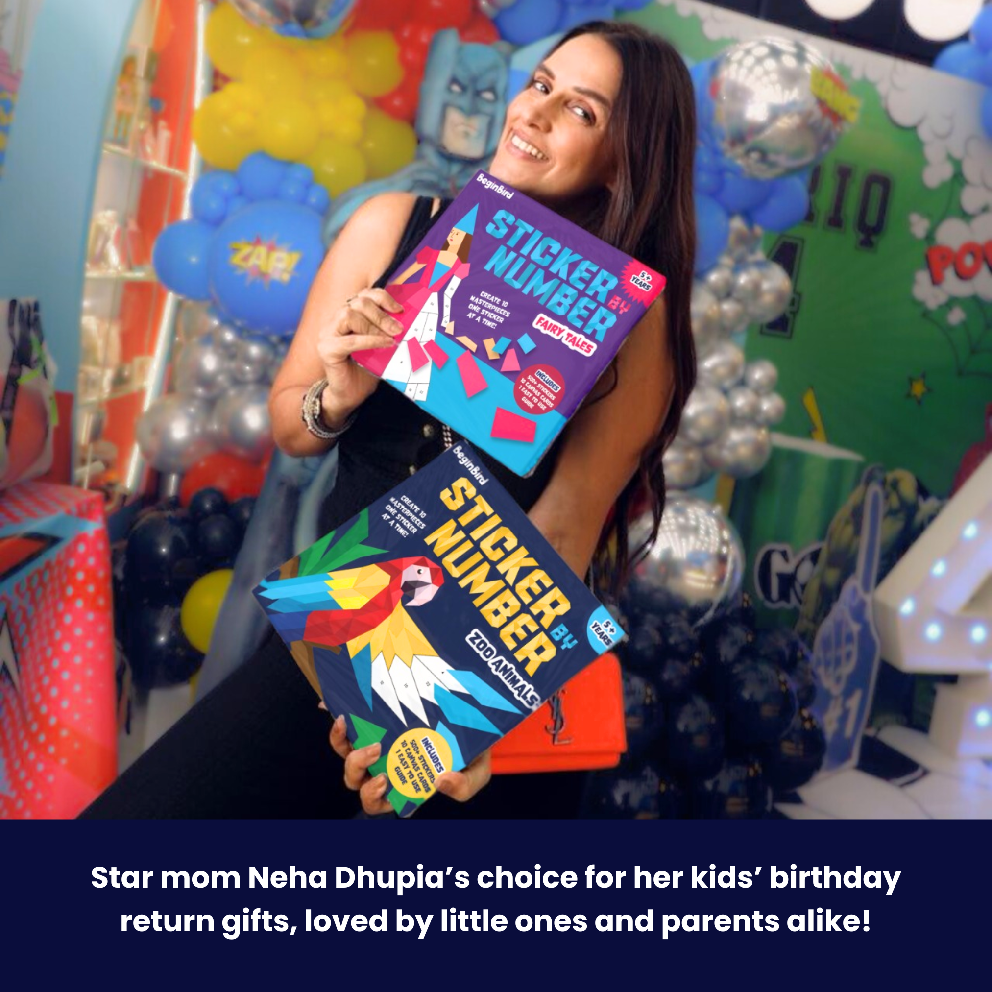 Woman holding 'Sticker Number' books in a colorful, festive setting
