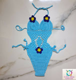 Blue crochet swimsuit with floral details