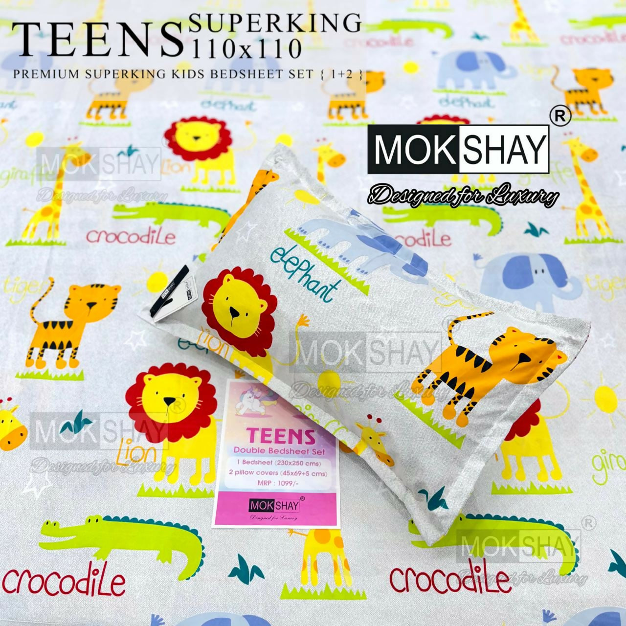 Mokshay kids bedsheets with animal prints on a white background