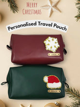 Two personalized travel pouches with festive designs