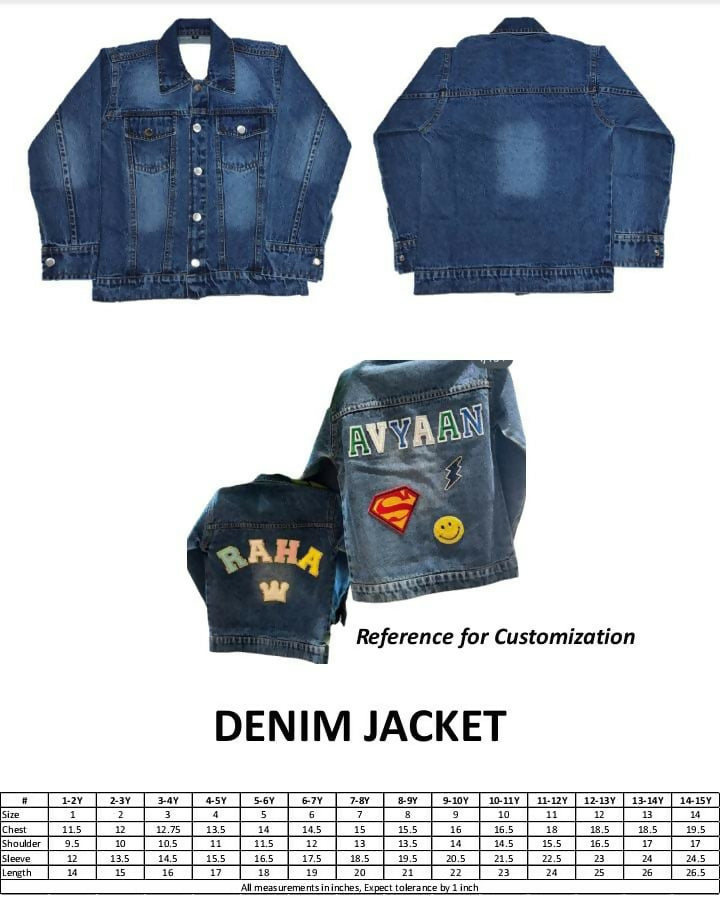 Denim jacket with customization options and size chart on a white background