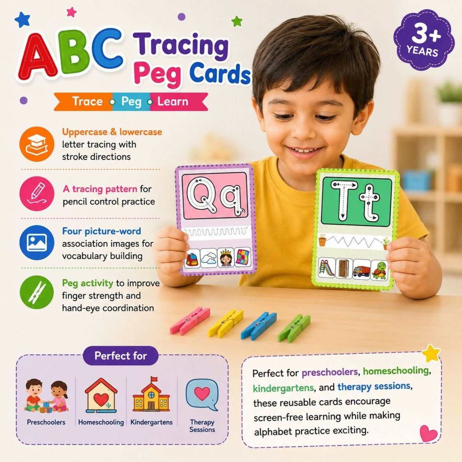ABC Tracing Peg Cards for kids featuring engaging alphabet tracing activities designed to encourage letter recognition, pre-writing practice, fine motor control, hand-eye coordination and early learning.