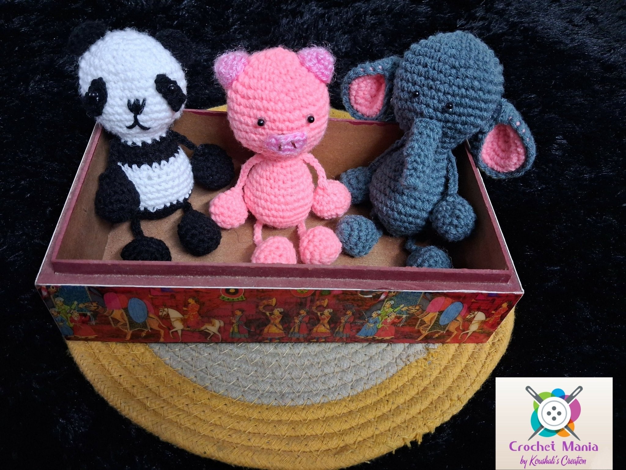 Handmade crochet amigurumi animals toy set crafted from soft yarn with cute animal designs, detailed stitching, and cuddly finish for babies, kids, gifting, and nursery décor.