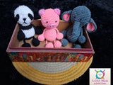 Handmade crochet amigurumi animals toy set crafted from soft yarn with cute animal designs, detailed stitching, and cuddly finish for babies, kids, gifting, and nursery décor.
