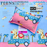Children's cartoon-themed bedsheet set with pink and blue design on a blue background, featuring MOKSHAY branding.