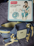 BABYHUG Adore 5-in-1 hip seat baby carrier with ergonomic design, detachable hip seat, multiple carrying positions, padded shoulder straps, adjustable waist belt, and secure buckles for comfortable babywearing.