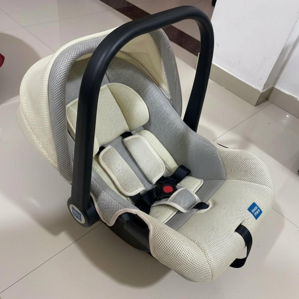 MEE MEE 4-in-1 Multi-Purpose Baby Carry Cot/Car Seat with Rocking Chair featuring padded seating, safety harness, ergonomic carry handle, protective canopy, and versatile design for travel, carrying, rocking, and seating.