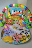 Baby musical play gym and piano mat with a soft padded play mat, hanging toys, piano keyboard, and interactive lights and sounds to encourage tummy time, sensory exploration, and early development.