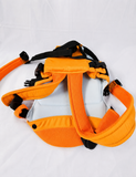 4-in-1 Ergonomic Baby Carrier in Orange with adjustable straps, breathable fabric, padded shoulder support, and multiple carrying positions for comfortable and secure babywearing.