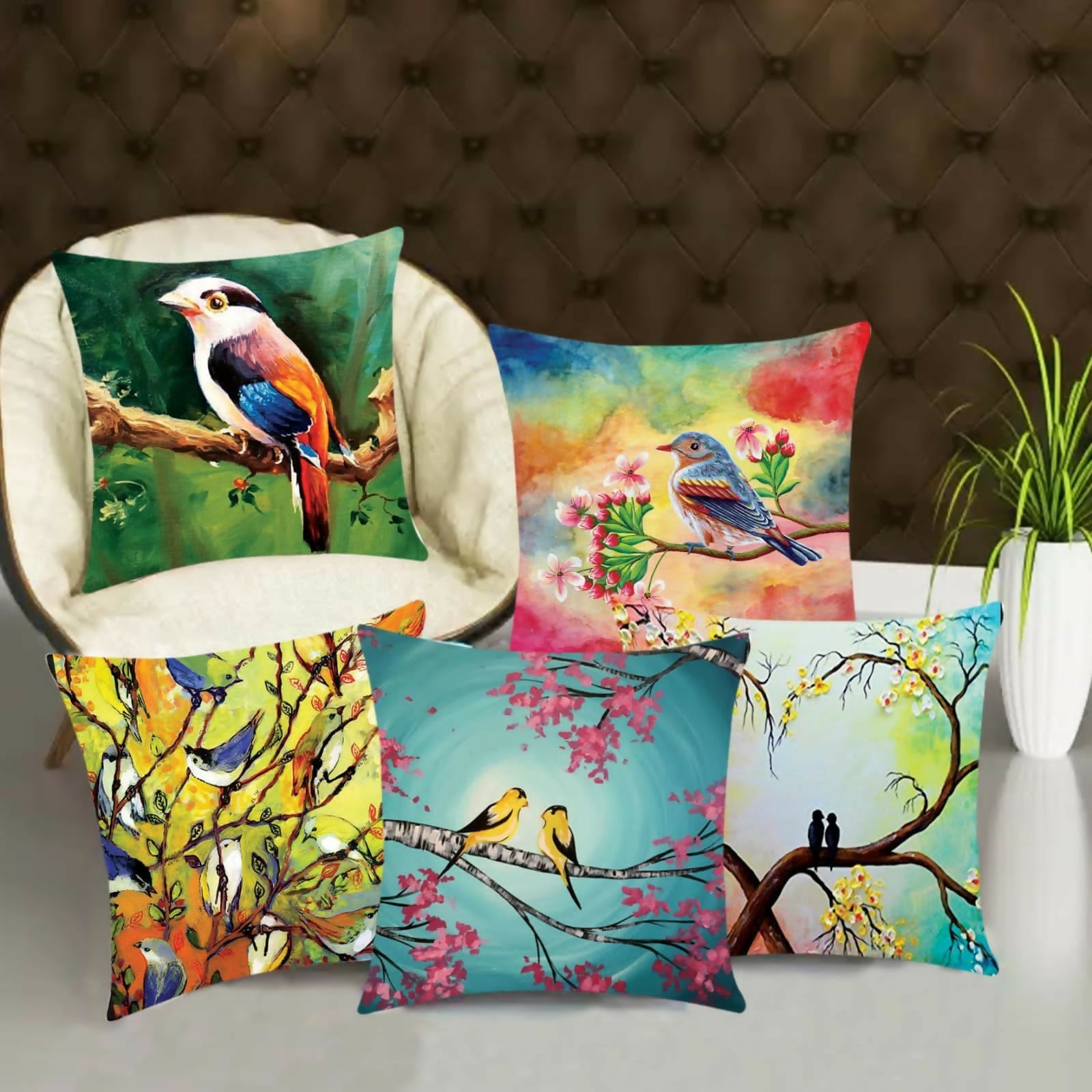 Set of colorful pillows with bird designs.