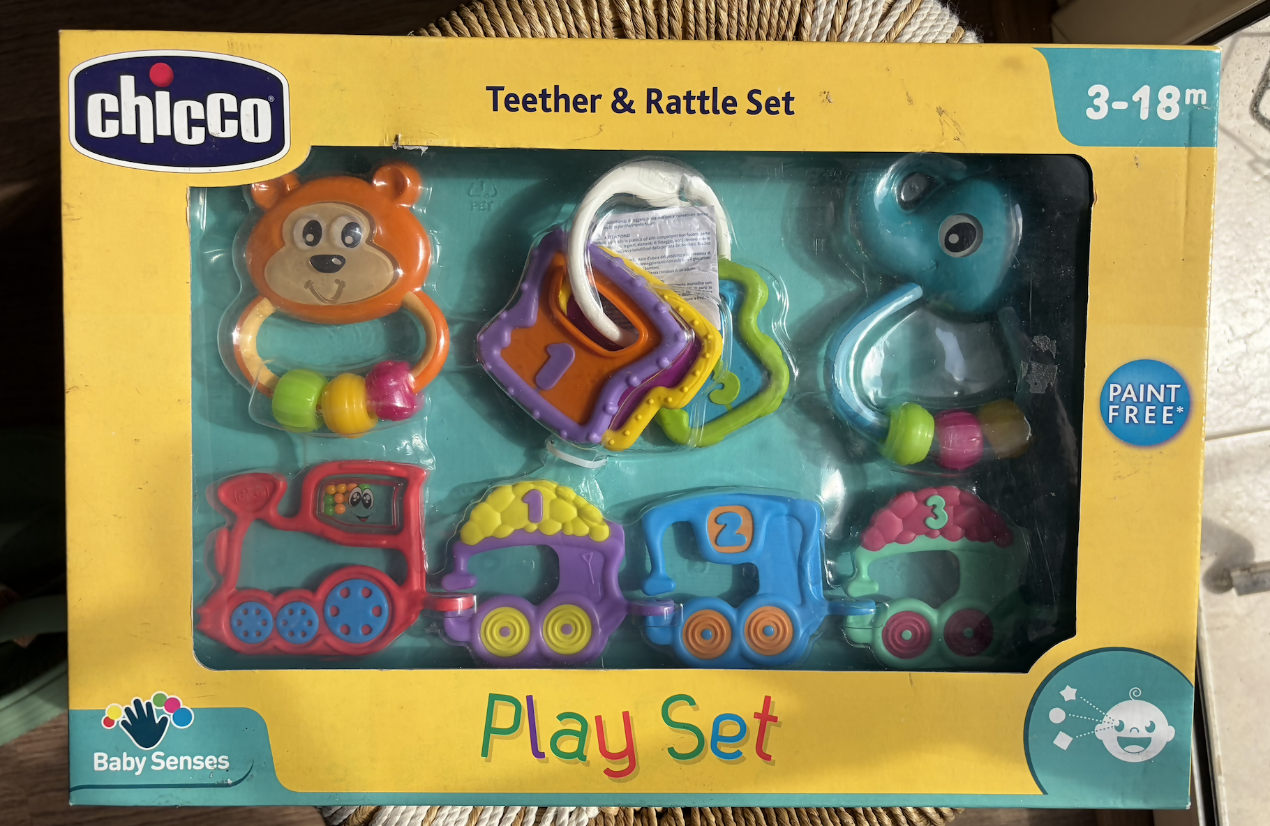 CHICCO teether and rattle play set with 4 pieces featuring baby-safe materials, textured teethers, colorful rattles, and engaging toys for teething relief and sensory development.