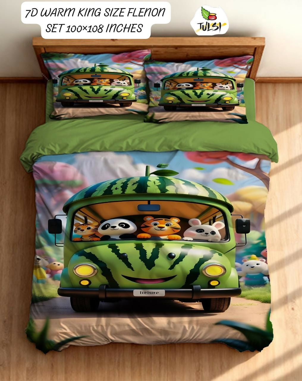 Bedding set with green van and animal design